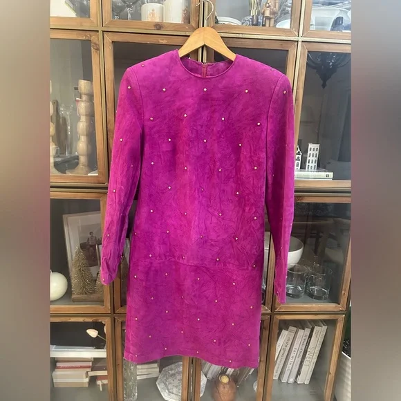 Vintage Daniel Leather Long Sleeve Fuchsia Suede Shift Dress with Stud Detail - Picture 3 of 13